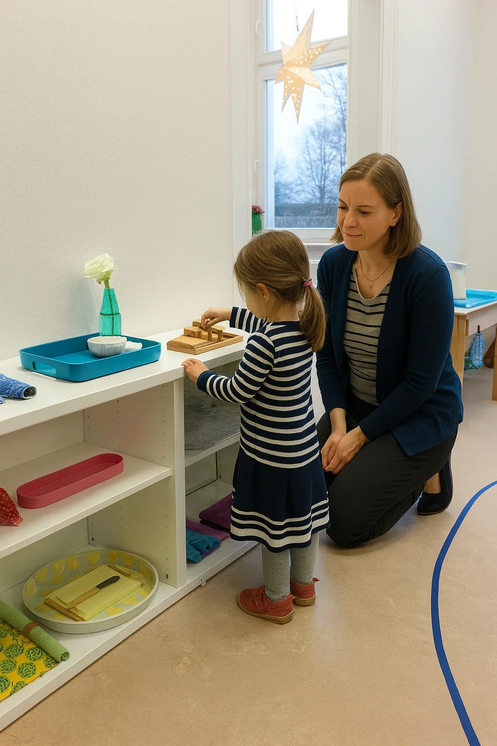 A Guide kneeling beside a Child at a low shelf